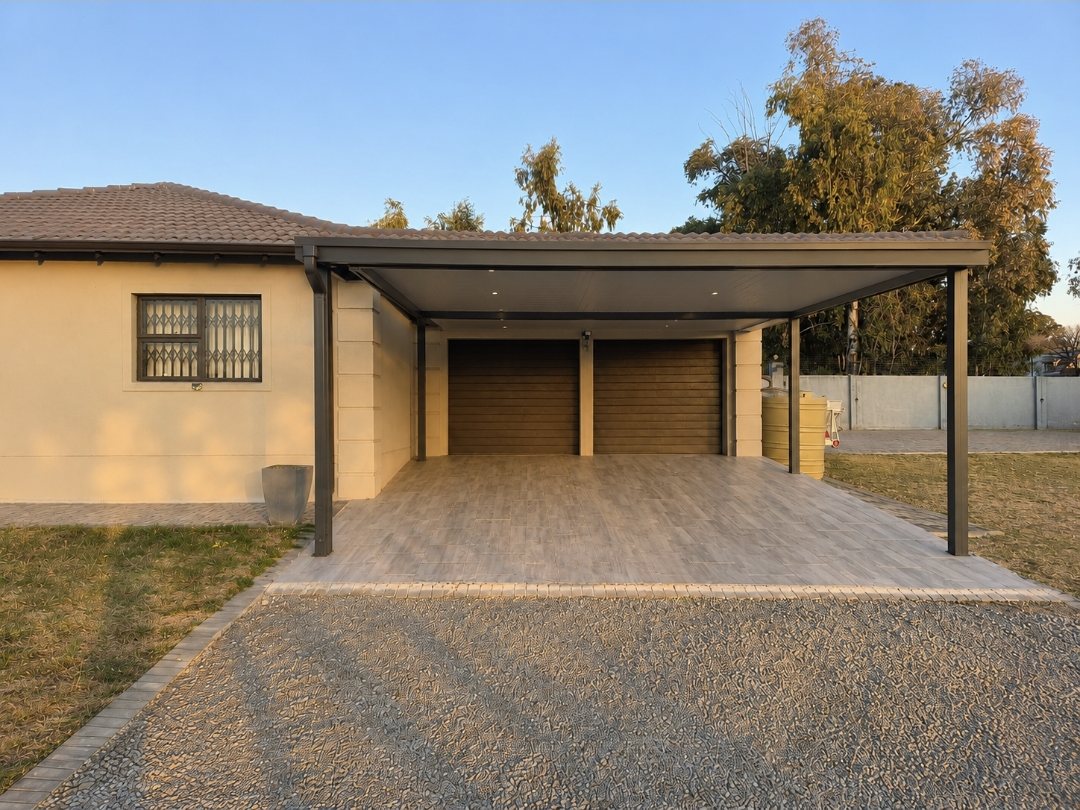 A steel carport over a paved driveway
